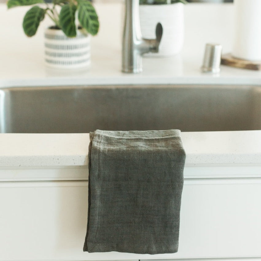 Stone Washed Linen Tea Towel in Iron Ore