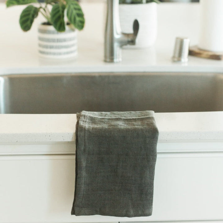 Stone Washed Linen Tea Towel in Iron Ore