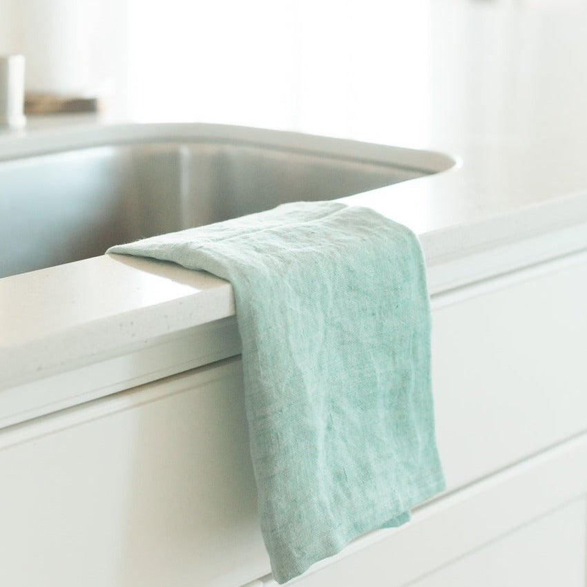 Stone Washed Linen Tea Towel in Ocean Spray