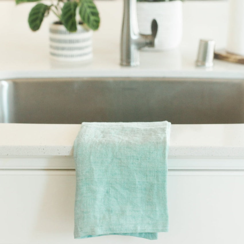 Stone Washed Linen Tea Towel in Ocean Spray