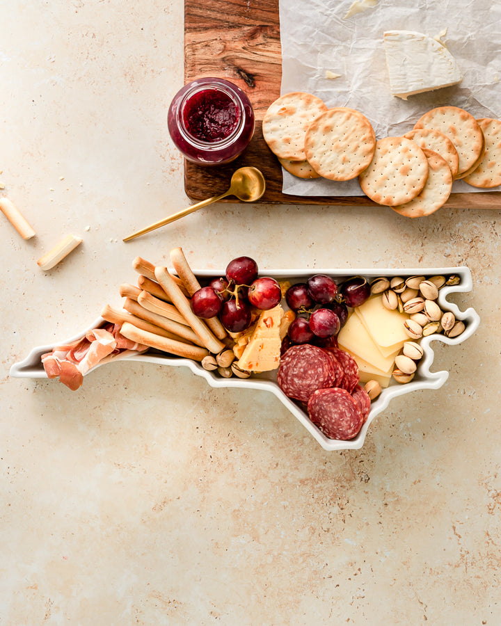 North Carolina State Plate meat and cheese board. North Carolina charcuterie board. North Carolina charcuterie tray. North Carolina appetizer tray. North Carolina appetizer dish. NC appetizer tray. NC cooking dish. NC cook gift. NC baking gift. NC ktichen gift. North Carolina kitchen gift. 