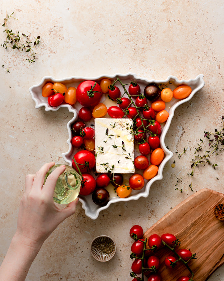 Spain World Plate baked appetizer dish tomatoes cheese. Spain appetizer tray. Spain appetizer dish. Spain appetizer plate. Spain app plate. Spain tapas plate. Spain baking dish. Spain bakeware. Spain cook gift. Spain baking gift. hand pouring oil for scale.